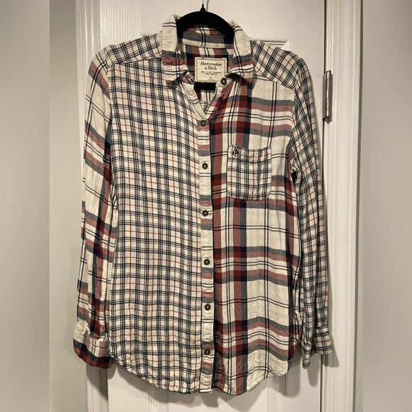 Abercrombie & Fitch Size S Navy Burgundy Plaid Double Gauze Button Down Shirt - Picture 1 of 11